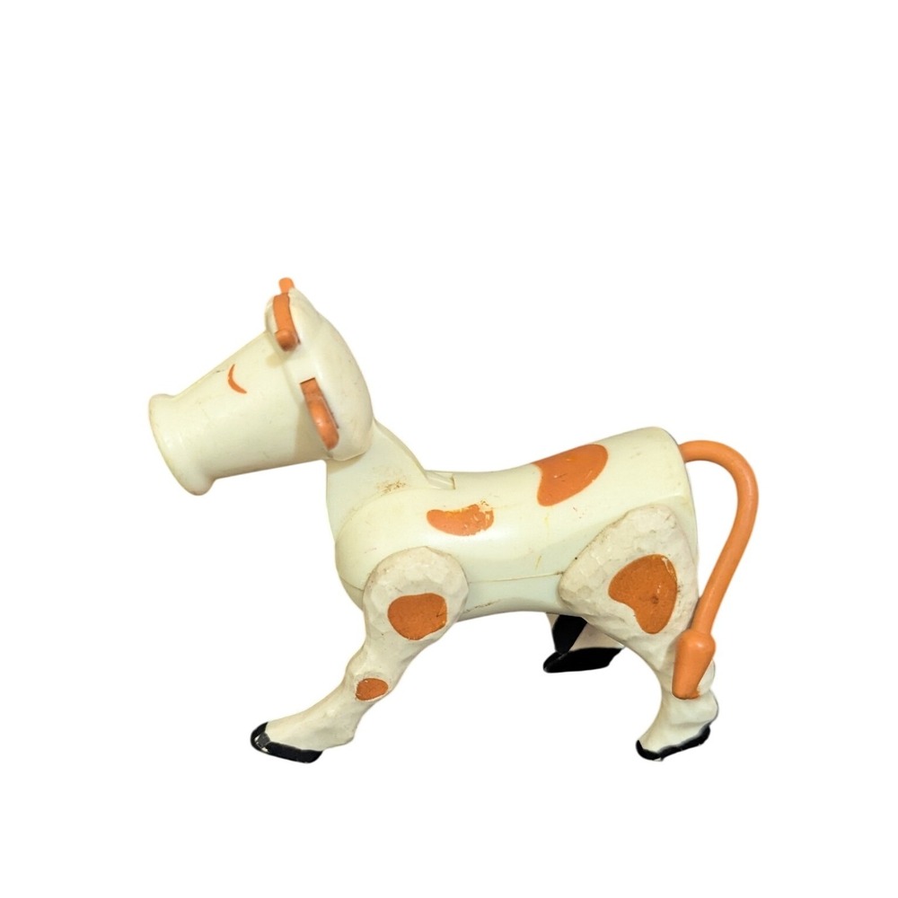 Vintage‎ Plastic Cow Figurine White Orange Spots Movable Head Made in Hong Kong